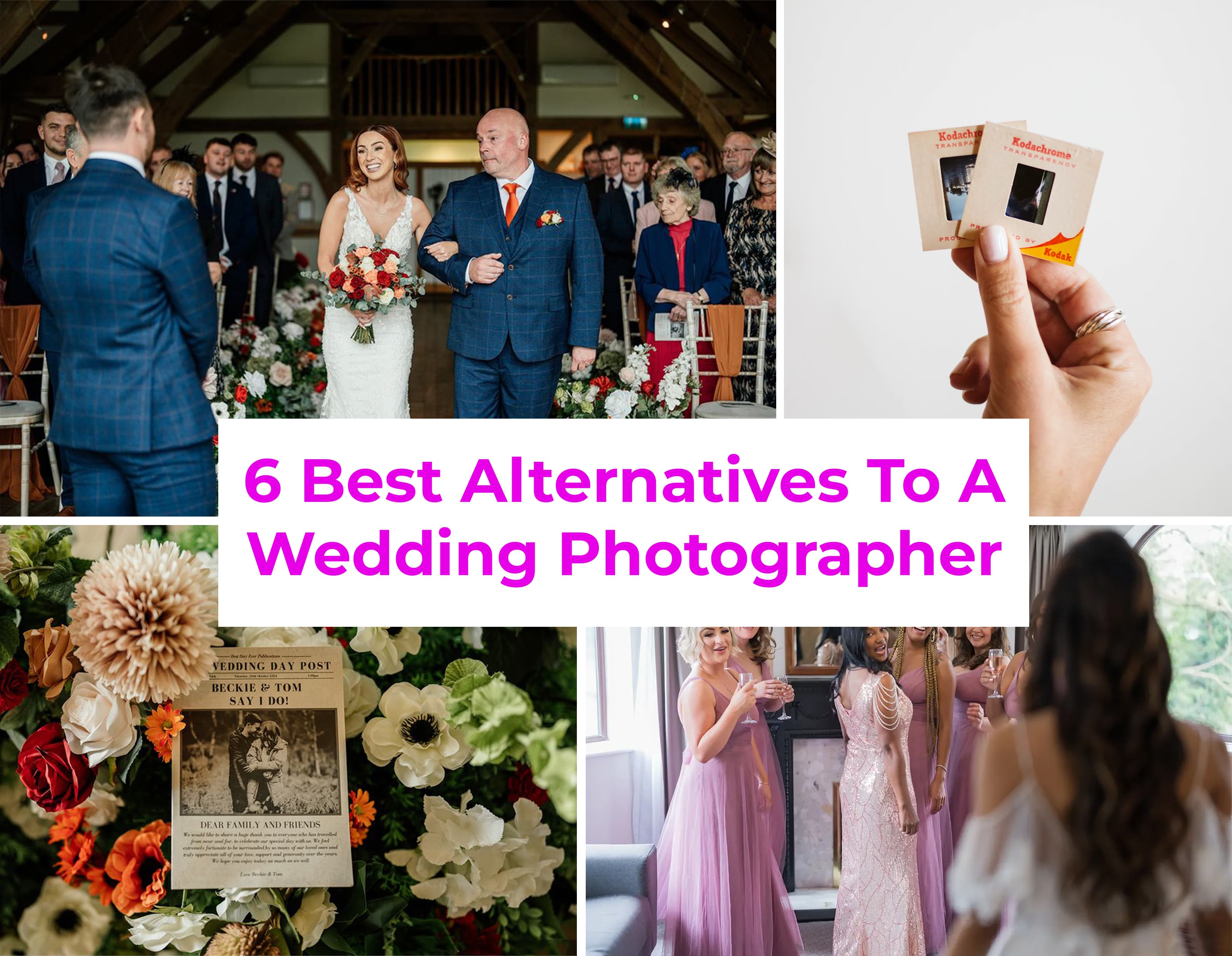 A couple at their wedding surrounded by guests taking photos, illustrating alternatives to hiring a professional wedding photographer.