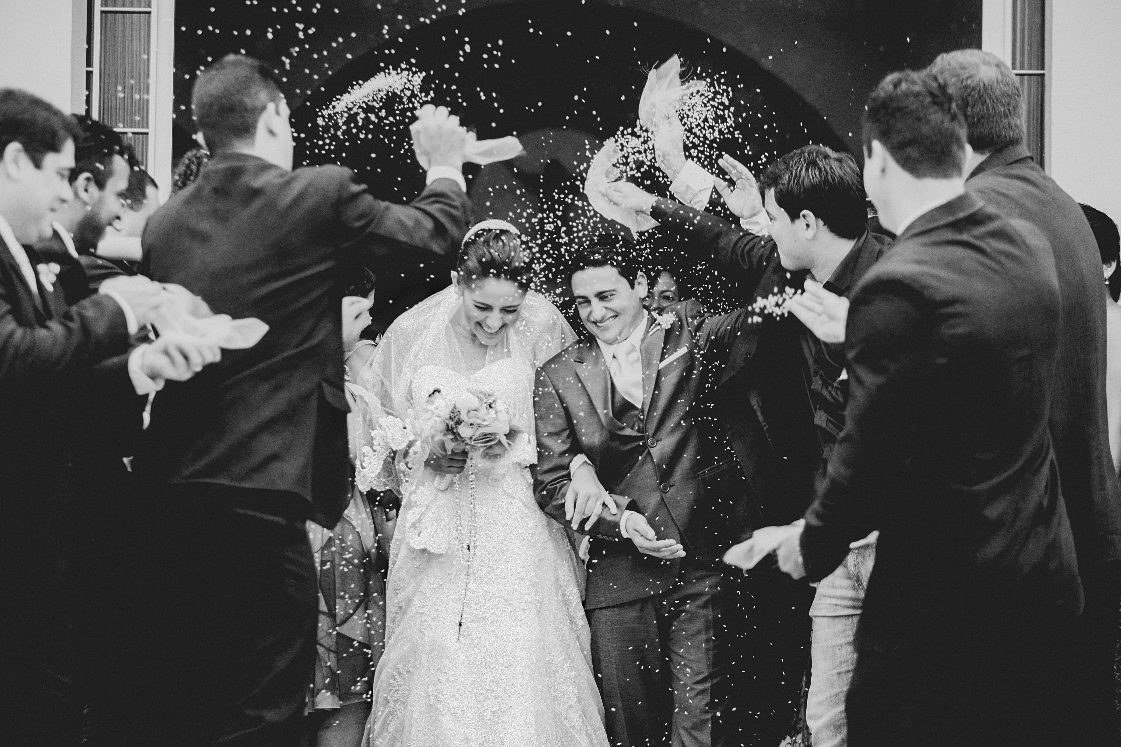 A black and white photo of a couple on their wedding day, which would typically appear in a wedding guestbook.