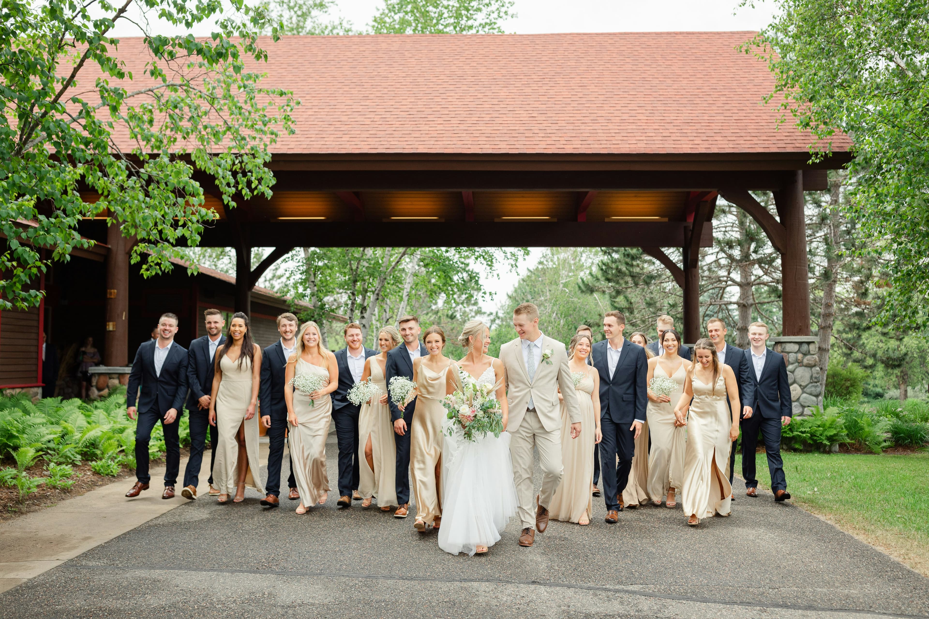 Wedding guests gathered outside a venue